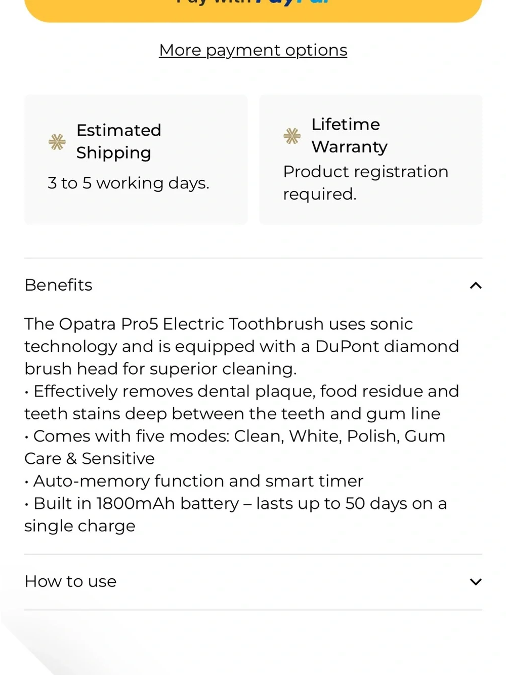 Opatra White Electric Toothbrush - Rechargeable Sonic Toothbrush